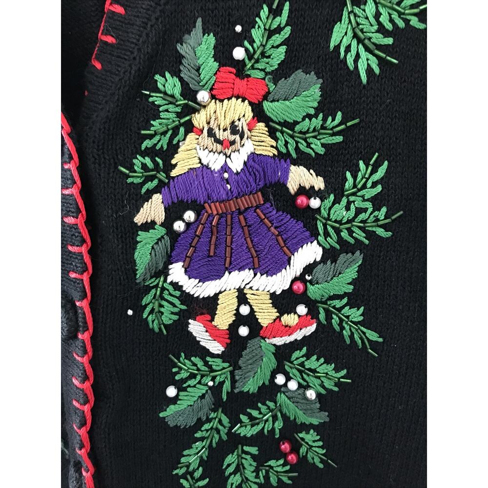 Vtg Victoria Jones Black Ugly Christmas Button Up Cardigan Sweater Vest M L 44" - Picture 2 of 8
